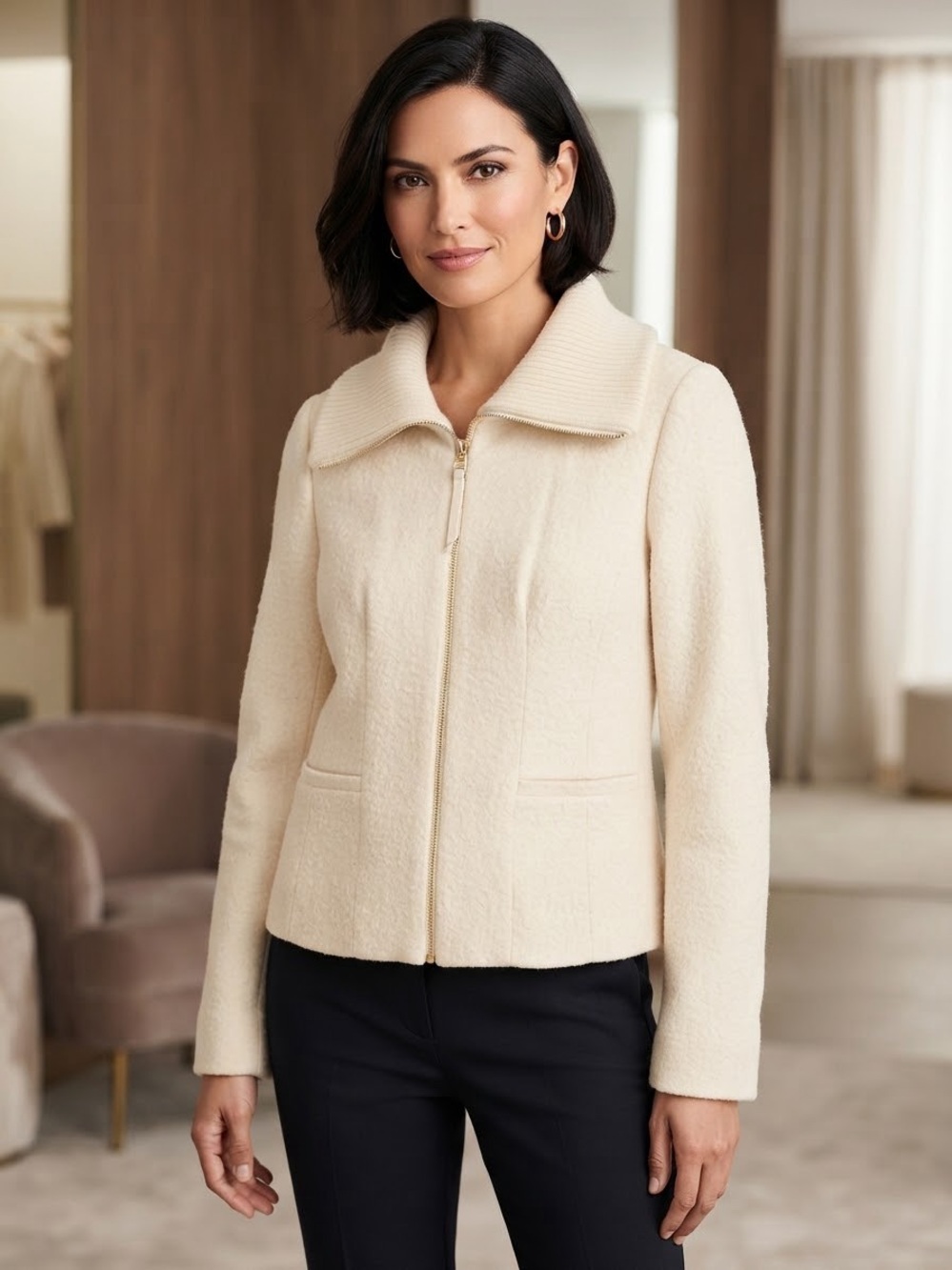 Ann Taylor Cream Wool Blend Zip-Up Jacket with Ribbed Wide Collar